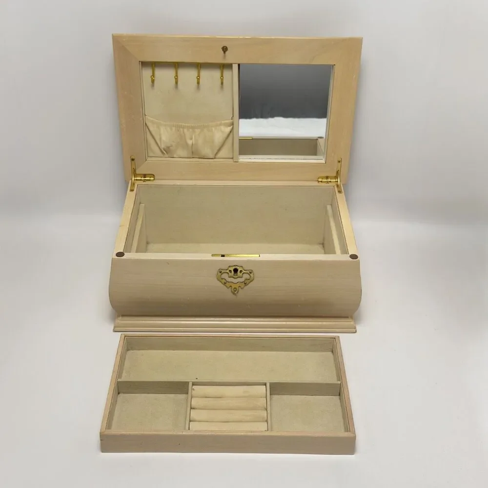 2-Tier Wooden Jewelry Organizer with Necklace Hooks, Mirror & Removable Tray